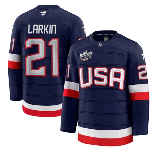 Men%27s USA #21 Dylan Larkin Navy 2025 4 Nations Face-Off Stitched Jersey Dzhi